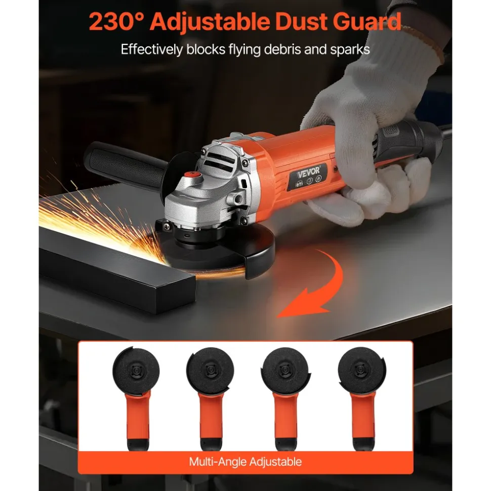 VEVOR Angle Grinder, 5" Electric Grinder Power Tool, 10Amps 10000RPM High-Speed Corded Angle Grinders with 230° Adjustable Dust Guard for Metal Grinding, Cutting, Rust Removal (Disc Not Included)
