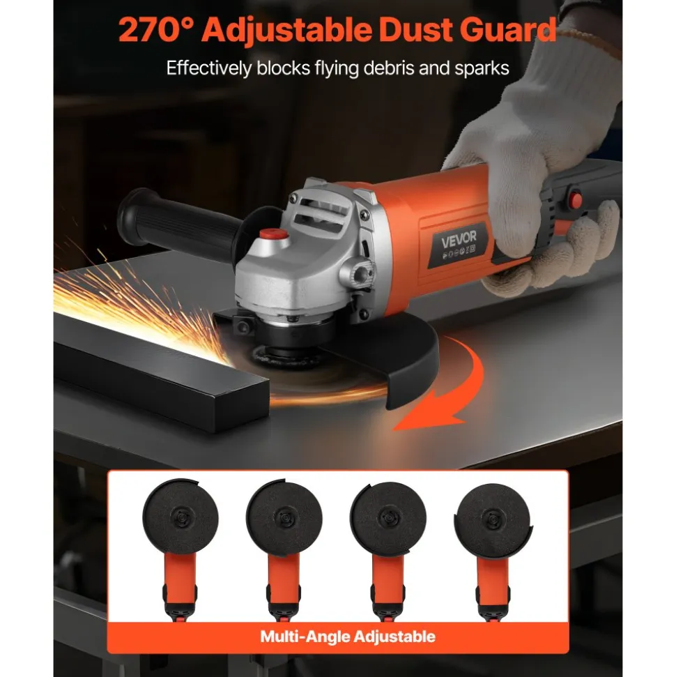 VEVOR Angle Grinder, 7" Electric Grinder Power Tool, 13Amps 8500RPM High-Speed Corded Angle Grinders with 270° Adjustable Dust Guard for Metal Grinding, Cutting, Rust Removal (Disc Not Included)