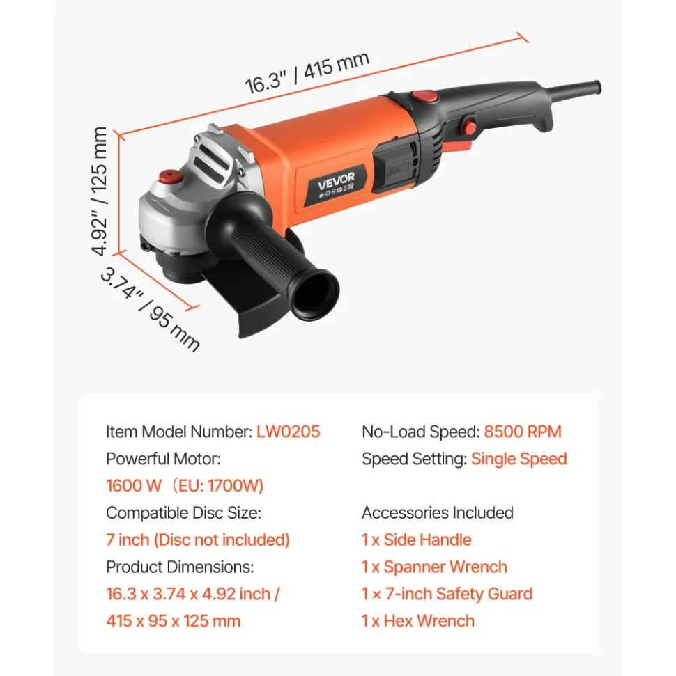 VEVOR Angle Grinder, 7" Electric Grinder Power Tool, 13Amps 8500RPM High-Speed Corded Angle Grinders with 270° Adjustable Dust Guard for Metal Grinding, Cutting, Rust Removal (Disc Not Included)