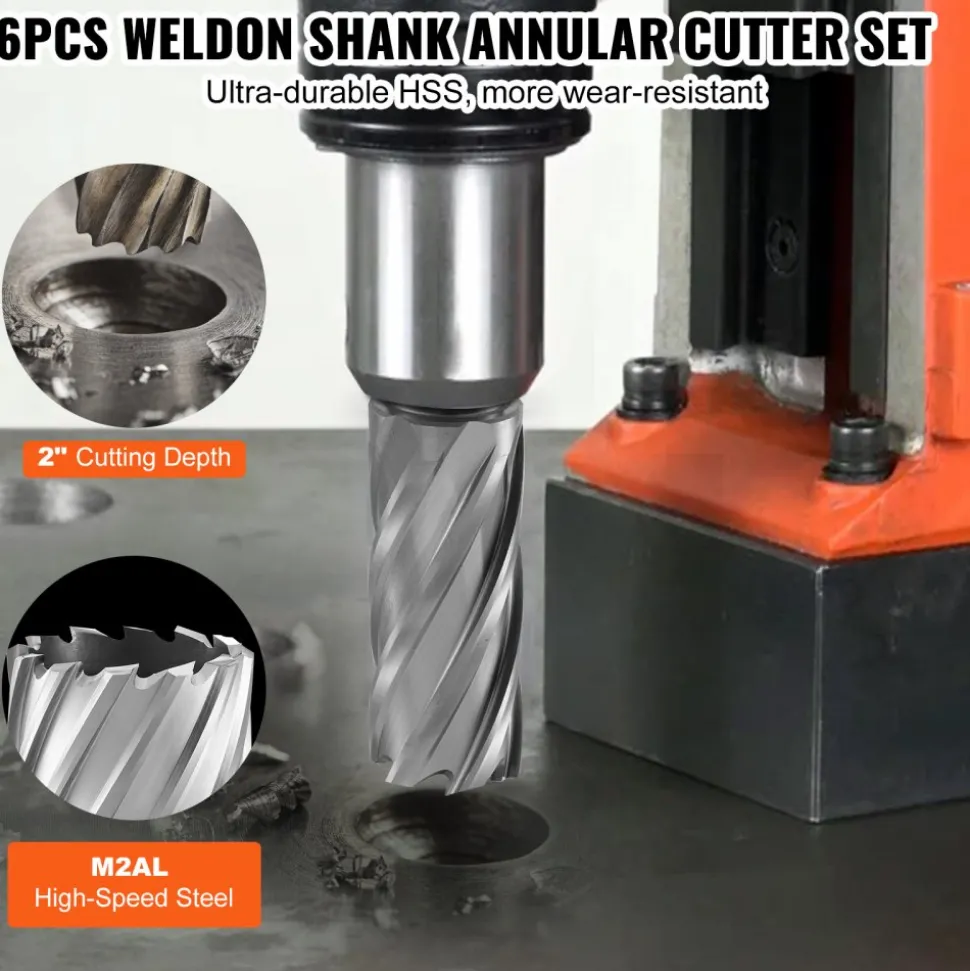 VEVOR Annular Cutter Set, 6 pcs Universal Shank Mag Drill Bits, 1" to 2" Cutting Diameter, 2" Cutting Depth, M2AL High-Speed Steel, with 2 Pilot Pins and Portable Case, for Using with Magnetic Drills