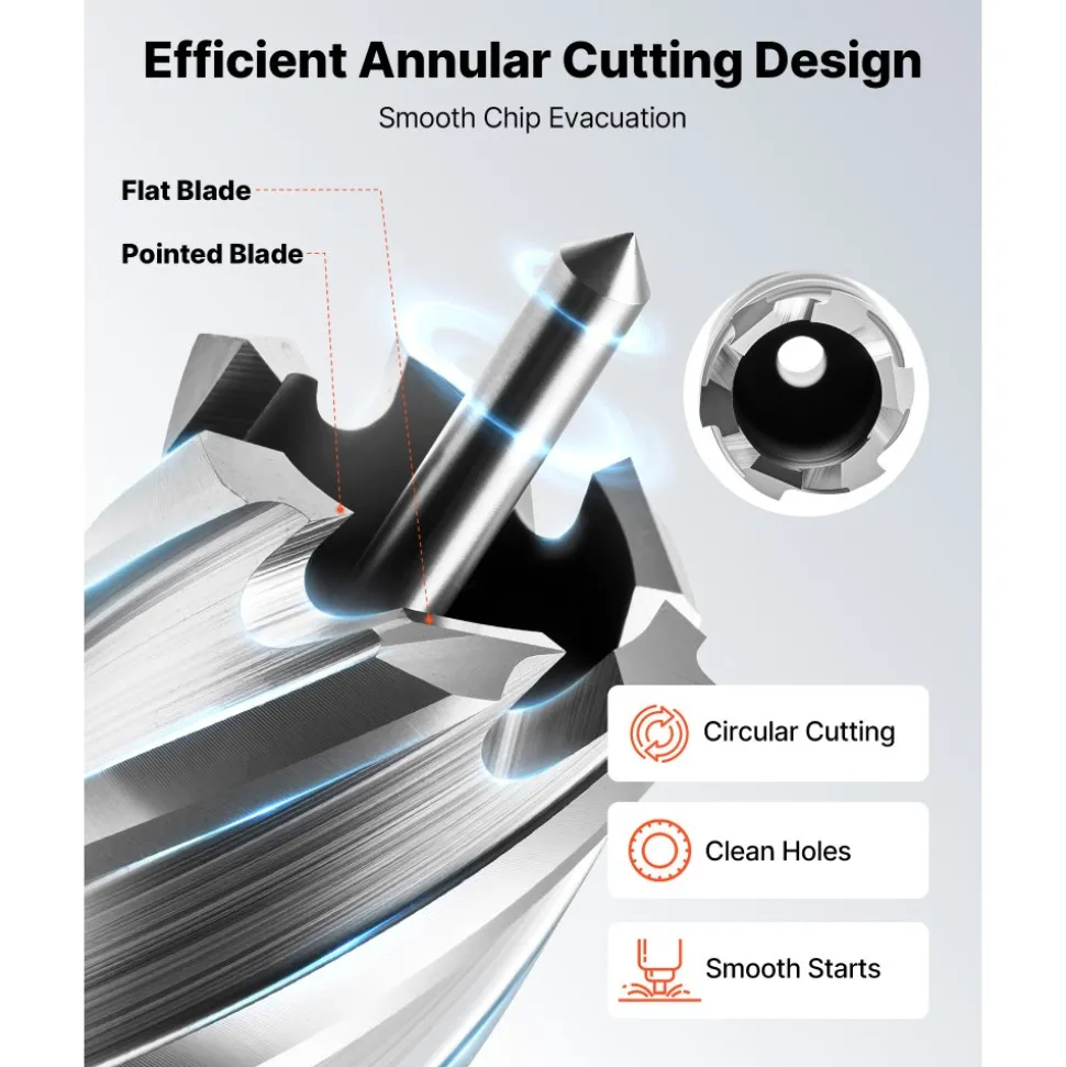 VEVOR Annular Cutter Set, 13 pcs Universal Shank Mag Drill Bits Kit, 2" Cutting Depth, 7/16" to 1-1/16" Cutting Diameter, HSS, 11 Drill Bits with 2 Pilot Pins, Plastic Case, for Magnetic Drills, Steel