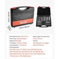 VEVOR Annular Cutter Set, 13 pcs Universal Shank Mag Drill Bits Kit, 2" Cutting Depth, 7/16" to 1-1/16" Cutting Diameter, HSS, 11 Drill Bits with 2 Pilot Pins, Plastic Case, for Magnetic Drills, Steel