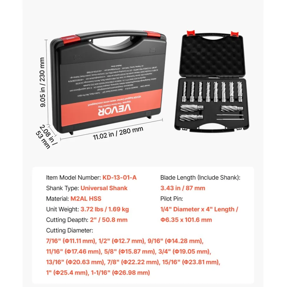 VEVOR Annular Cutter Set, 13 pcs Universal Shank Mag Drill Bits Kit, 2" Cutting Depth, 7/16" to 1-1/16" Cutting Diameter, HSS, 11 Drill Bits with 2 Pilot Pins, Plastic Case, for Magnetic Drills, Steel