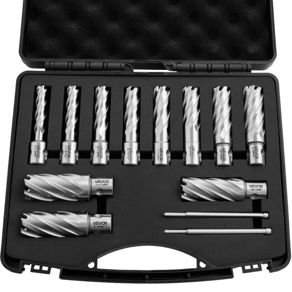 VEVOR Annular Cutter Set, 13 pcs Universal Shank Mag Drill Bits Kit, 2" Cutting Depth, 7/16" to 1-1/16" Cutting Diameter, HSS, 11 Drill Bits with 2 Pilot Pins, Plastic Case, for Magnetic Drills, Steel