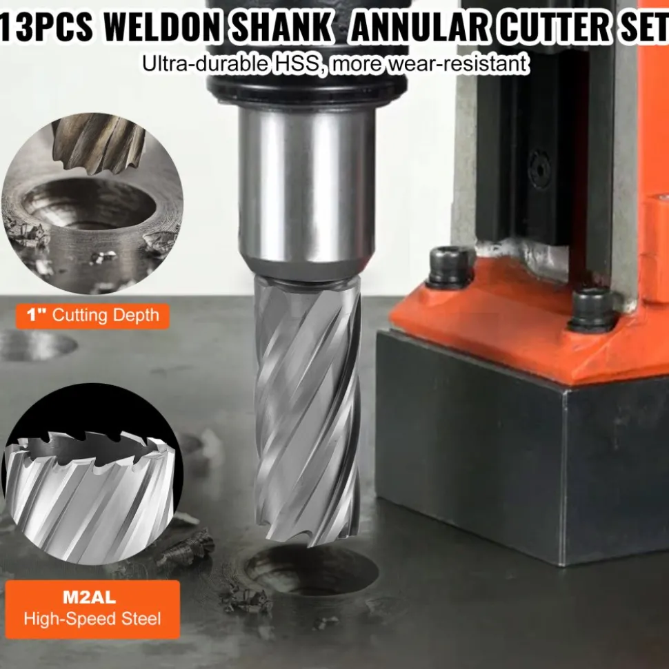 VEVOR Annular Cutter Set, 6 pcs Weldon Shank Mag Drill Bits, 1/2" to 1-1/16" Cutting Diameter, 1" Cutting Depth, M2AL High-Speed Steel, with Pilot Pin and Portable Case, for Using with Magnetic Drills
