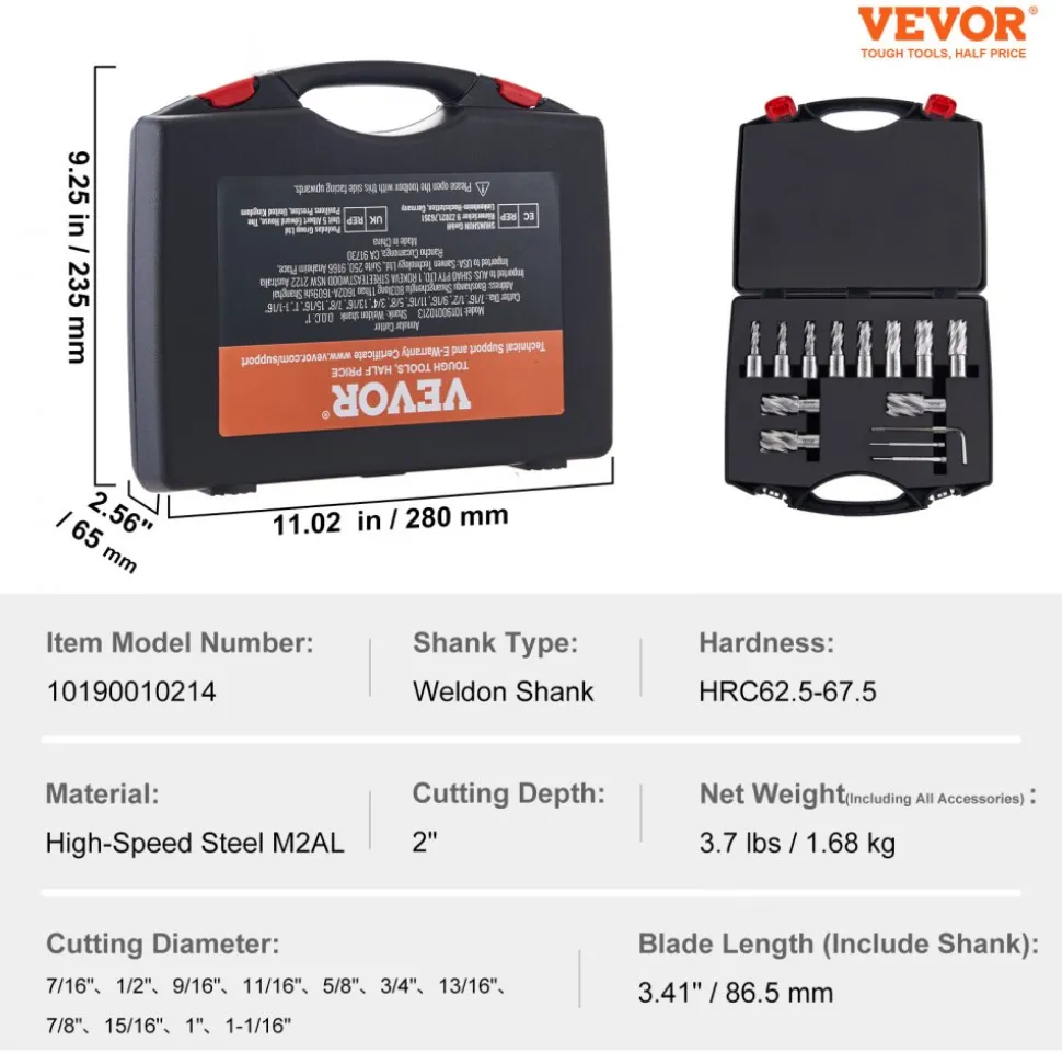 VEVOR Annular Cutter Set, 6 pcs Weldon Shank Mag Drill Bits, 1/2" to 1-1/16" Cutting Diameter, 1" Cutting Depth, M2AL High-Speed Steel, with Pilot Pin and Portable Case, for Using with Magnetic Drills