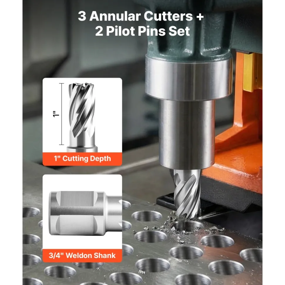 VEVOR Annular Cutter Set, 5 pcs Weldon Shank Mag Drill Bits Kit, 1" Cutting Depth, 5/8" Cutting Diameter, HSS, 3 Drill Bits with 2 Pilot Pins and 3 Plastic Cases, for Magnetic Drills, Steel, Aluminum