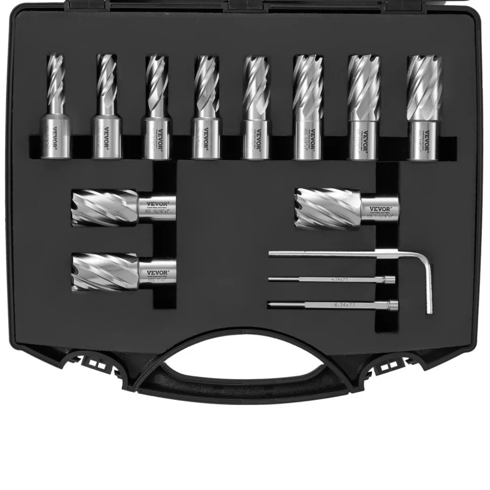 VEVOR Annular Cutter Set, 13 pcs Weldon Shank Mag Drill Bits, 7/16" to 1-1/16" Cutting Diameter, 1" Cutting Depth, M2AL HSS, 2 Pilot Pins, Hex Wrench and Portable Case, for Using with Magnetic Drills
