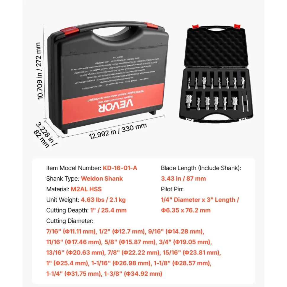 VEVOR Annular Cutter Set, 16 pcs Weldon Shank Mag Drill Bits Kit, 1" Cutting Depth, 7/16" to 1-3/8" Cutting Diameter, HSS, 14 Drill Bits with 2 Pilot Pins, Plastic Case, for Magnetic Drills, Steel