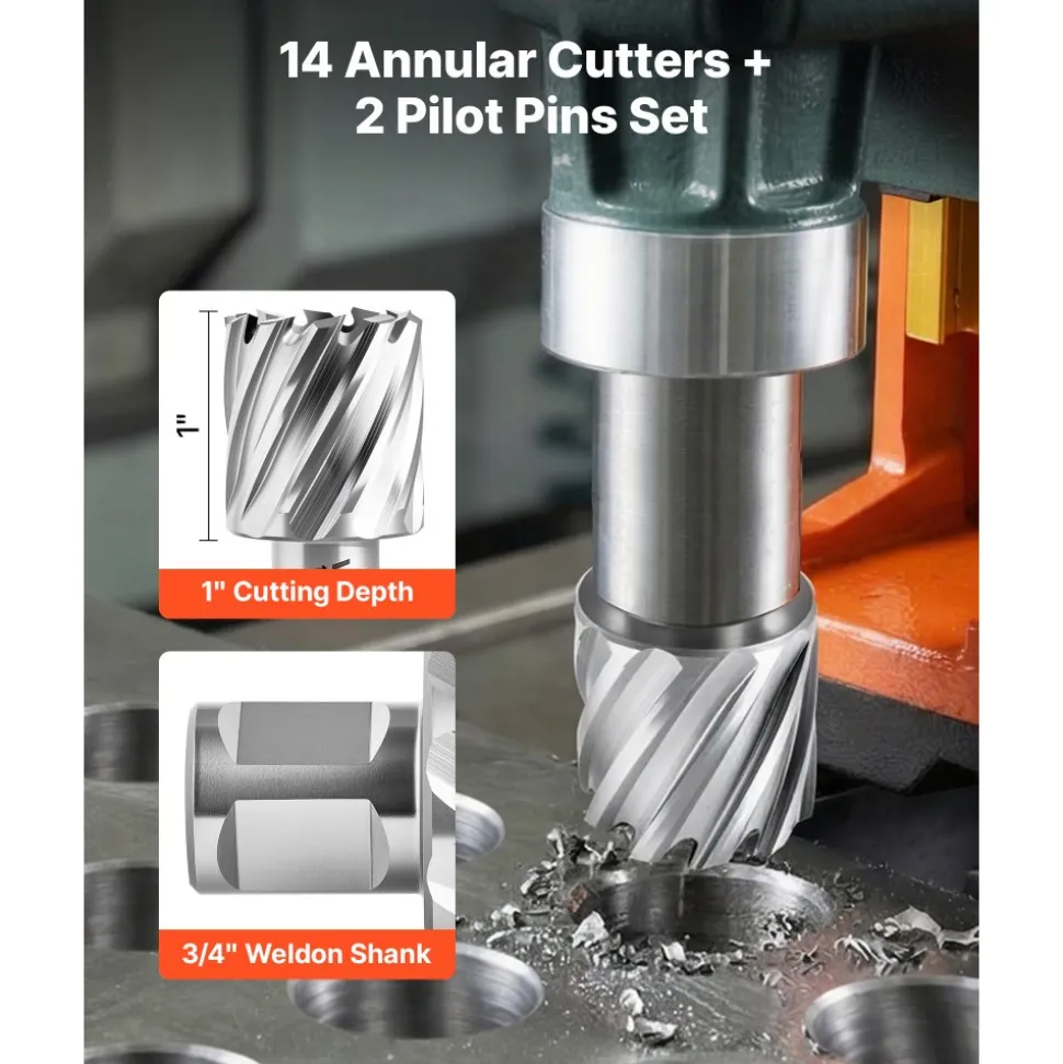 VEVOR Annular Cutter Set, 16 pcs Weldon Shank Mag Drill Bits Kit, 1" Cutting Depth, 7/16" to 1-3/8" Cutting Diameter, HSS, 14 Drill Bits with 2 Pilot Pins, Plastic Case, for Magnetic Drills, Steel