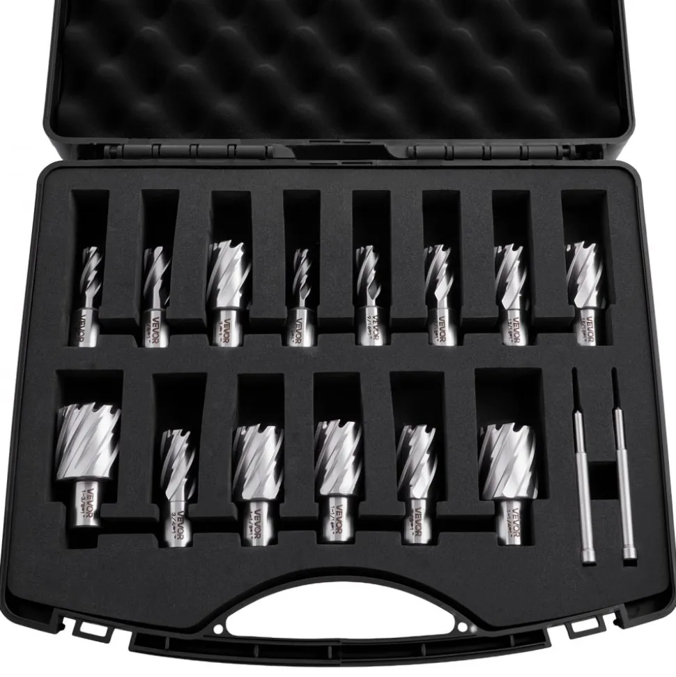 VEVOR Annular Cutter Set, 16 pcs Weldon Shank Mag Drill Bits Kit, 1" Cutting Depth, 7/16" to 1-3/8" Cutting Diameter, HSS, 14 Drill Bits with 2 Pilot Pins, Plastic Case, for Magnetic Drills, Steel