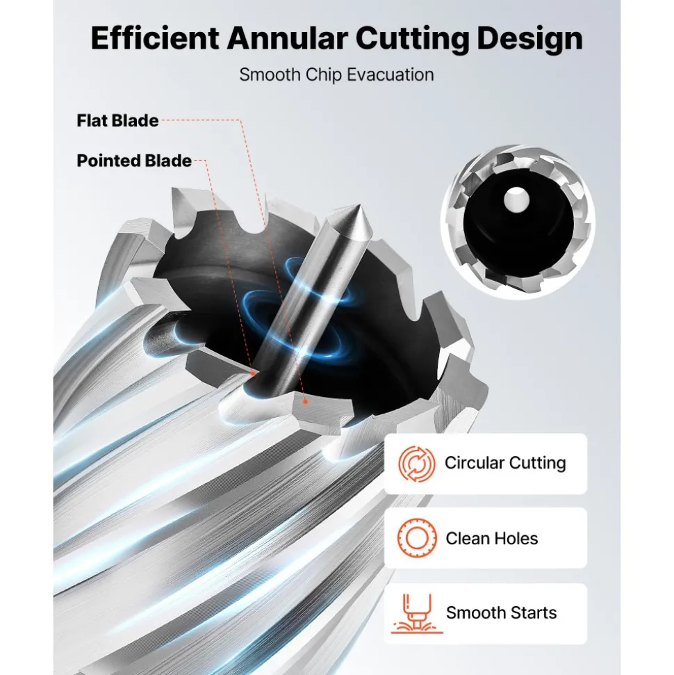 VEVOR Annular Cutter Set, 16 pcs Weldon Shank Mag Drill Bits Kit, 1" Cutting Depth, 7/16" to 1-3/8" Cutting Diameter, HSS, 14 Drill Bits with 2 Pilot Pins, Plastic Case, for Magnetic Drills, Steel