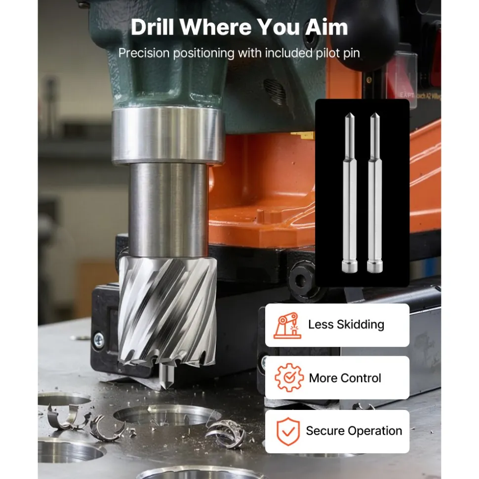 VEVOR Annular Cutter Set, 16 pcs Weldon Shank Mag Drill Bits Kit, 1" Cutting Depth, 7/16" to 1-3/8" Cutting Diameter, HSS, 14 Drill Bits with 2 Pilot Pins, Plastic Case, for Magnetic Drills, Steel