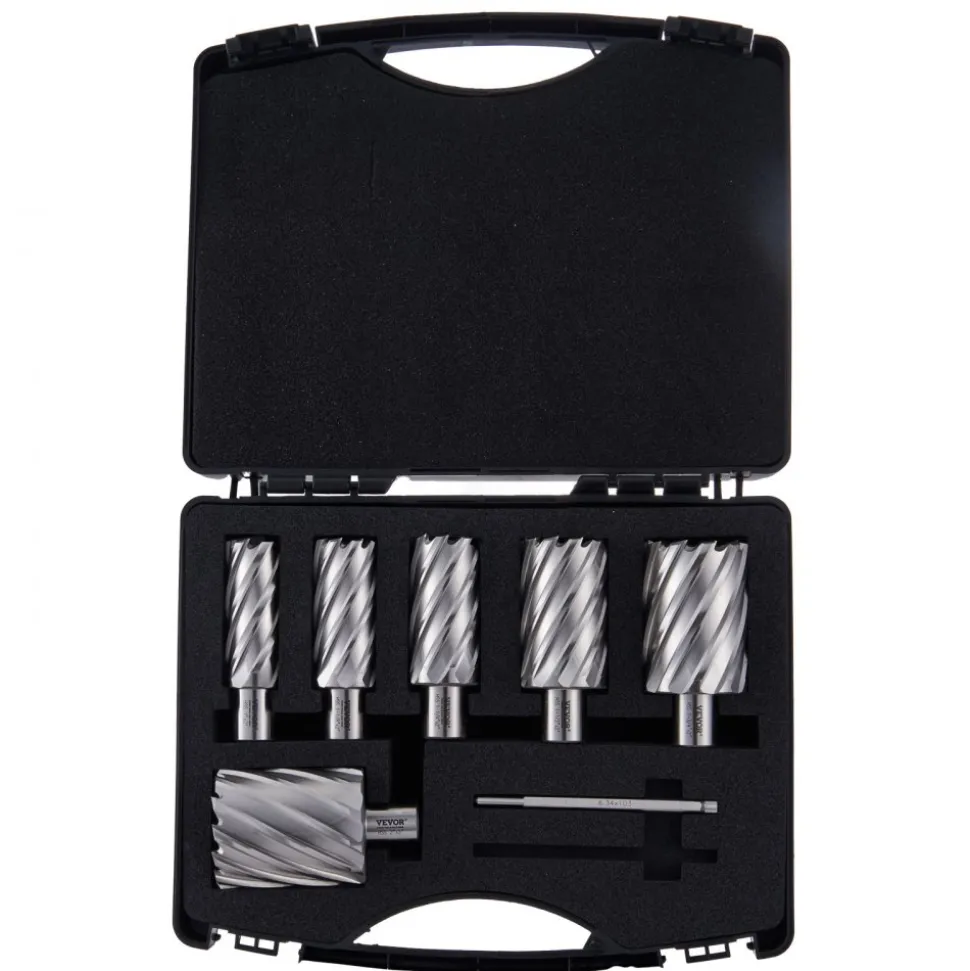 VEVOR Annular Cutter Set, 6 pcs Weldon Shank Mag Drill Bits, 1" to 2" Cutting Diameter, 2" Cutting Depth, M2AL High-Speed Steel, with 2 Pilot Pins and Portable Case, for Using with Magnetic Drills