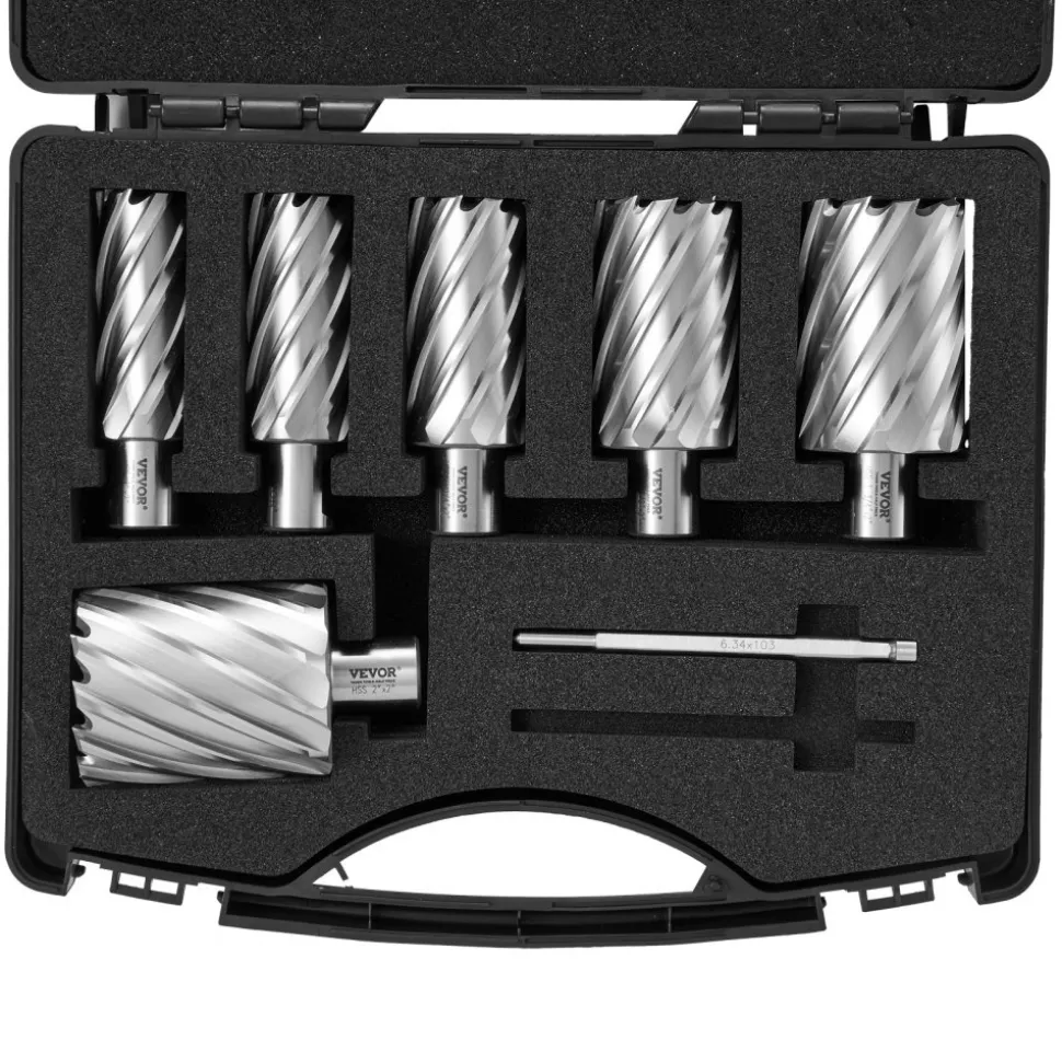 VEVOR Annular Cutter Set, 6 pcs Weldon Shank Mag Drill Bits, 1" to 2" Cutting Diameter, 2" Cutting Depth, M2AL High-Speed Steel, with 2 Pilot Pins and Portable Case, for Using with Magnetic Drills