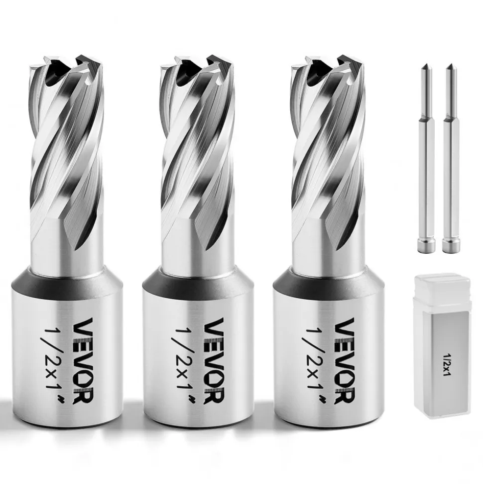 VEVOR Annular Cutter Set, 5 pcs Weldon Shank Mag Drill Bits Kit, 1" Cutting Depth, 1/2" Cutting Diameter, HSS, 3 Drill Bits with 2 Pilot Pins and 3 Plastic Cases, for Magnetic Drills, Steel, Aluminum