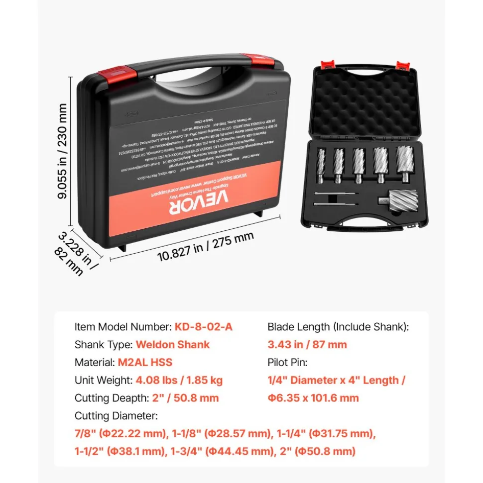 VEVOR Annular Cutter Set, 5 pcs Weldon Shank Mag Drill Bits Kit, 1" Cutting Depth, 1/2", 5/8", 1" Cutting Diameter, HSS, 3 Drill Bits with 2 Pilot Pins and 3 Plastic Cases, for Magnetic Drills, Steel