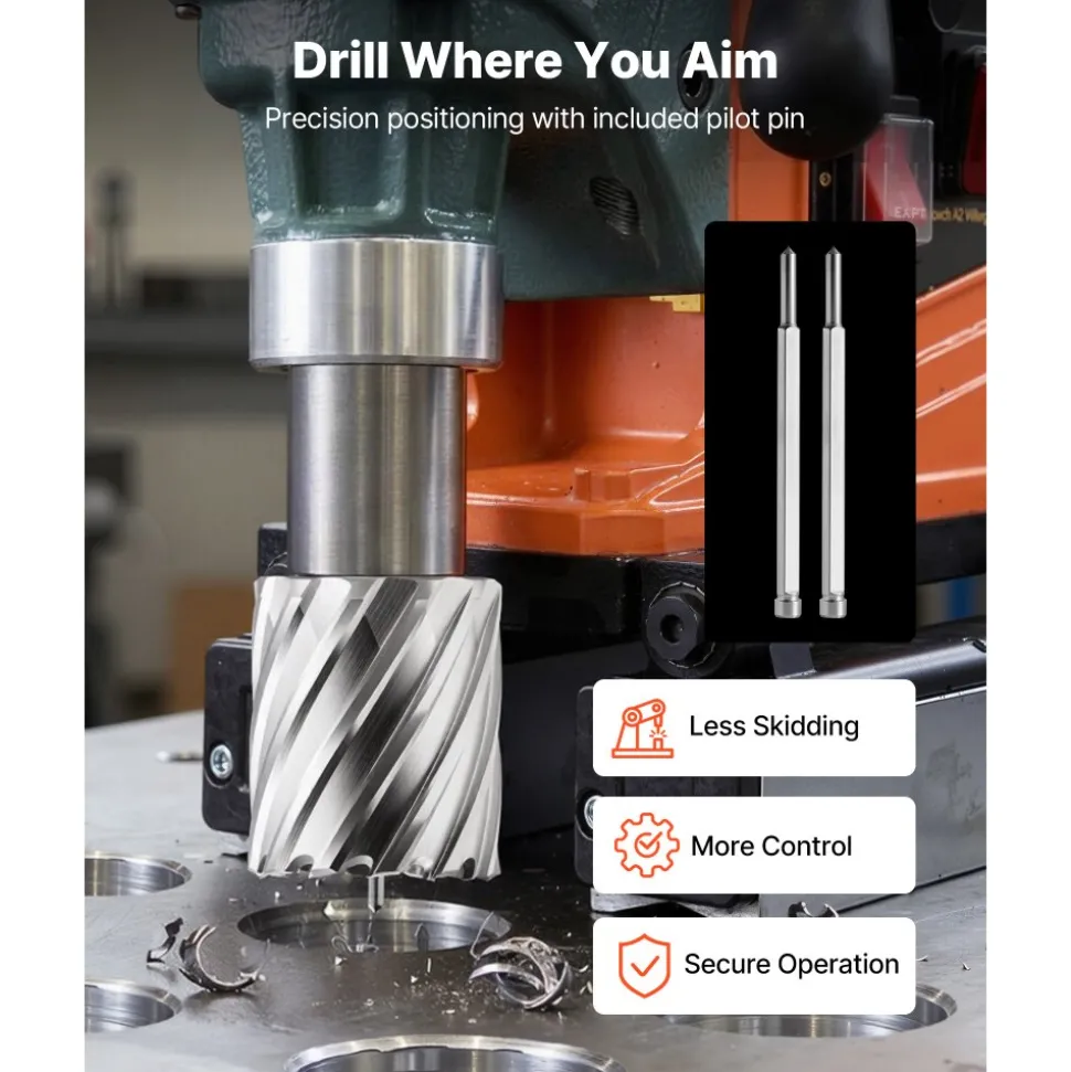 VEVOR Annular Cutter Set, 5 pcs Weldon Shank Mag Drill Bits Kit, 1" Cutting Depth, 1/2", 5/8", 1" Cutting Diameter, HSS, 3 Drill Bits with 2 Pilot Pins and 3 Plastic Cases, for Magnetic Drills, Steel
