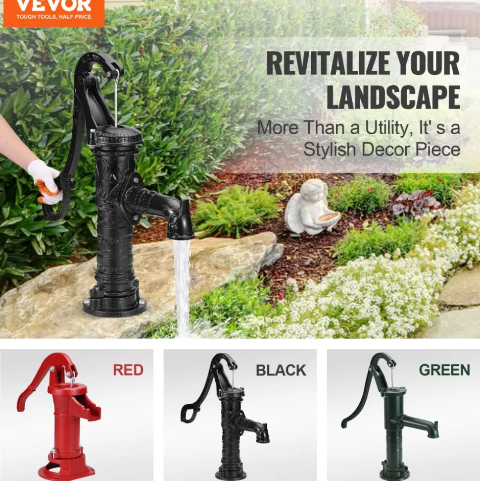 VEVOR Antique Well Hand Pitcher Pump, 22ft Maximum Lift, Cast Iron Manual Hand Water Pump with Ergonomic Handle NPT1-1/4" Easy Installation, Old Fashioned for Outdoor Home Yard Garden Pond Farm, Black