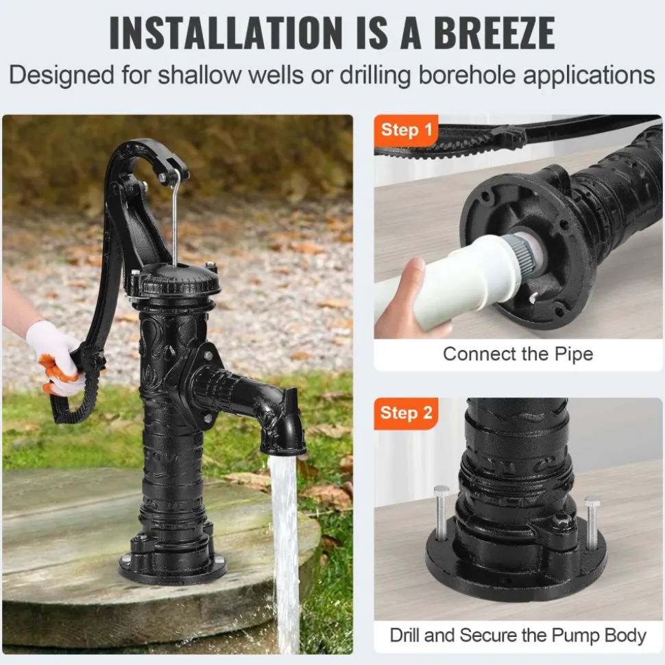 VEVOR Antique Well Hand Pitcher Pump, 22ft Maximum Lift, Cast Iron Manual Hand Water Pump with Ergonomic Handle NPT1-1/4" Easy Installation, Old Fashioned for Outdoor Home Yard Garden Pond Farm, Black