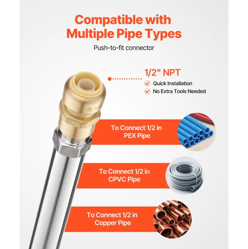 VEVOR Anti-Siphon Frost-Proof Sillcock, 12" Freeze Proof Outdoor Faucet Bib with Backflow Preventer, 1/2" Push-to-Fit Connector X 3/4" Hose Bibb, No Lead Frost-free Spigot for PEX Copper CPVC Pipes