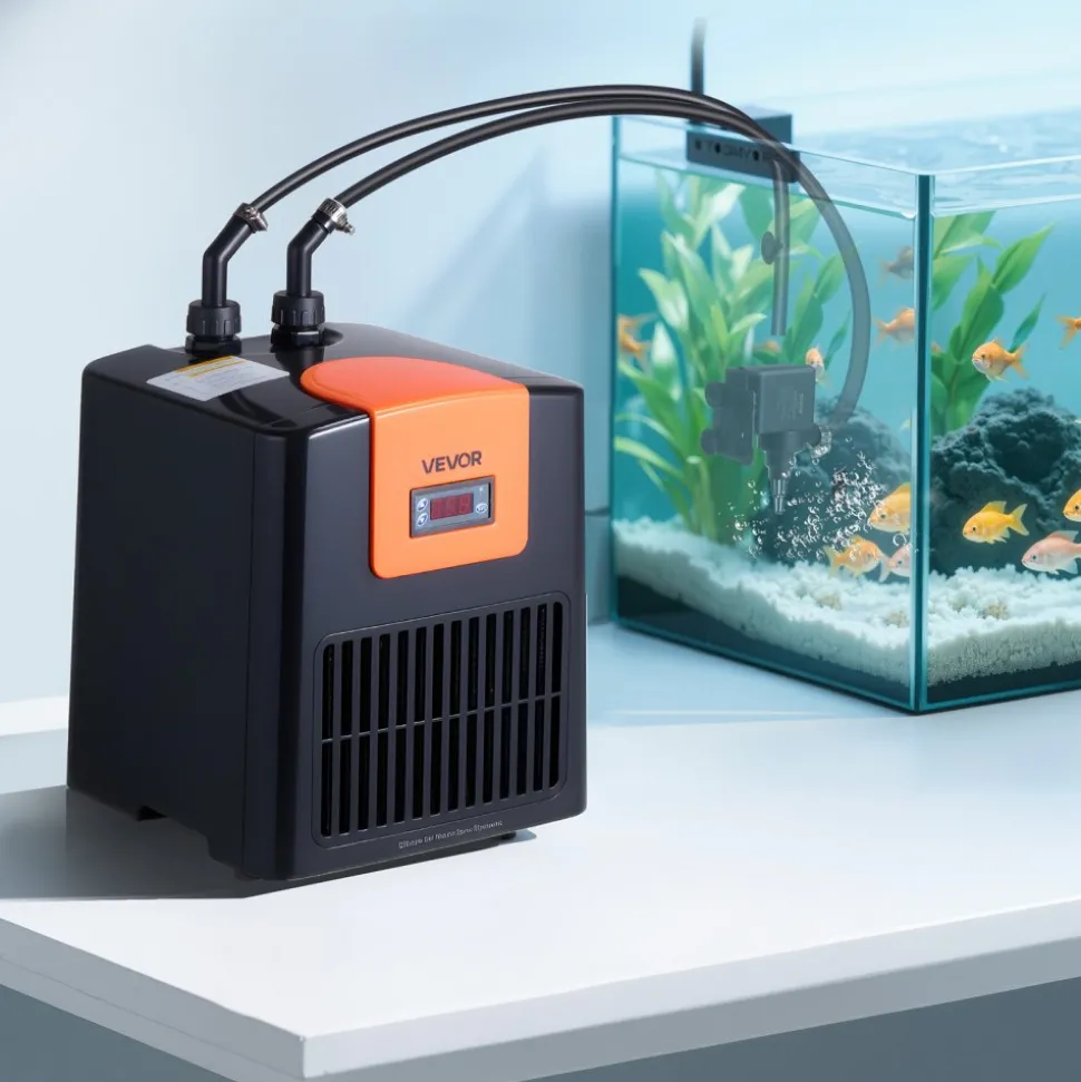 VEVOR Aquarium Chiller 52 Gallon, 1/10 HP Water Chiller for Hydroponics, Fast Cooling for Fish Tank, Axolotl, Coral Reef, Quiet Refrigeration Compressor, Titanium Evaporator, Complete Fittings