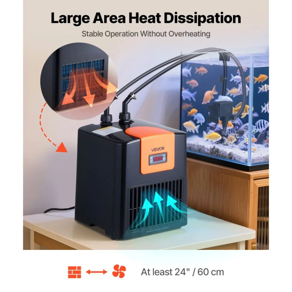 VEVOR Aquarium Chiller 52 Gallon, 1/10 HP Water Chiller for Hydroponics, Fast Cooling for Fish Tank, Axolotl, Coral Reef, Quiet Refrigeration Compressor, Titanium Evaporator, Complete Fittings