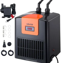 VEVOR Aquarium Chiller 52 Gallon, 1/10 HP Water Chiller for Hydroponics, Fast Cooling for Fish Tank, Axolotl, Coral Reef, Quiet Refrigeration Compressor, Titanium Evaporator, Complete Fittings
