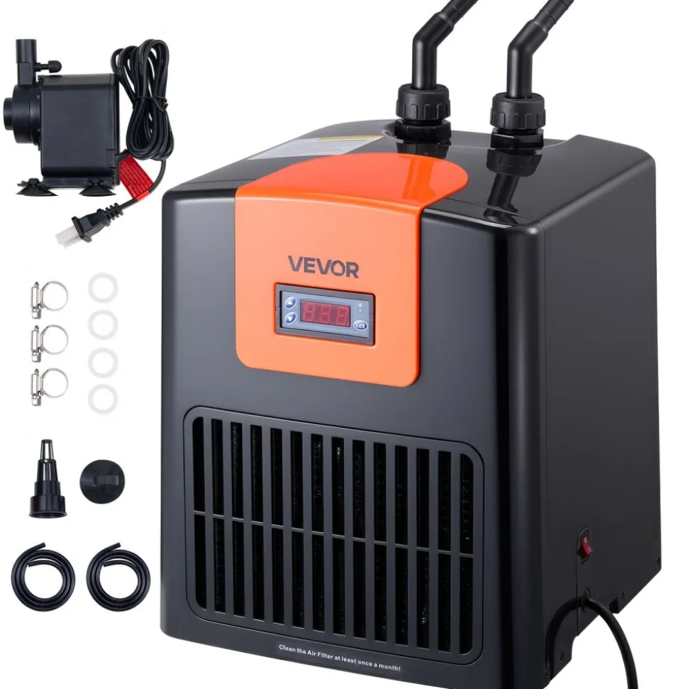 VEVOR Aquarium Chiller 52 Gallon, 1/10 HP Water Chiller for Hydroponics, Fast Cooling for Fish Tank, Axolotl, Coral Reef, Quiet Refrigeration Compressor, Titanium Evaporator, Complete Fittings