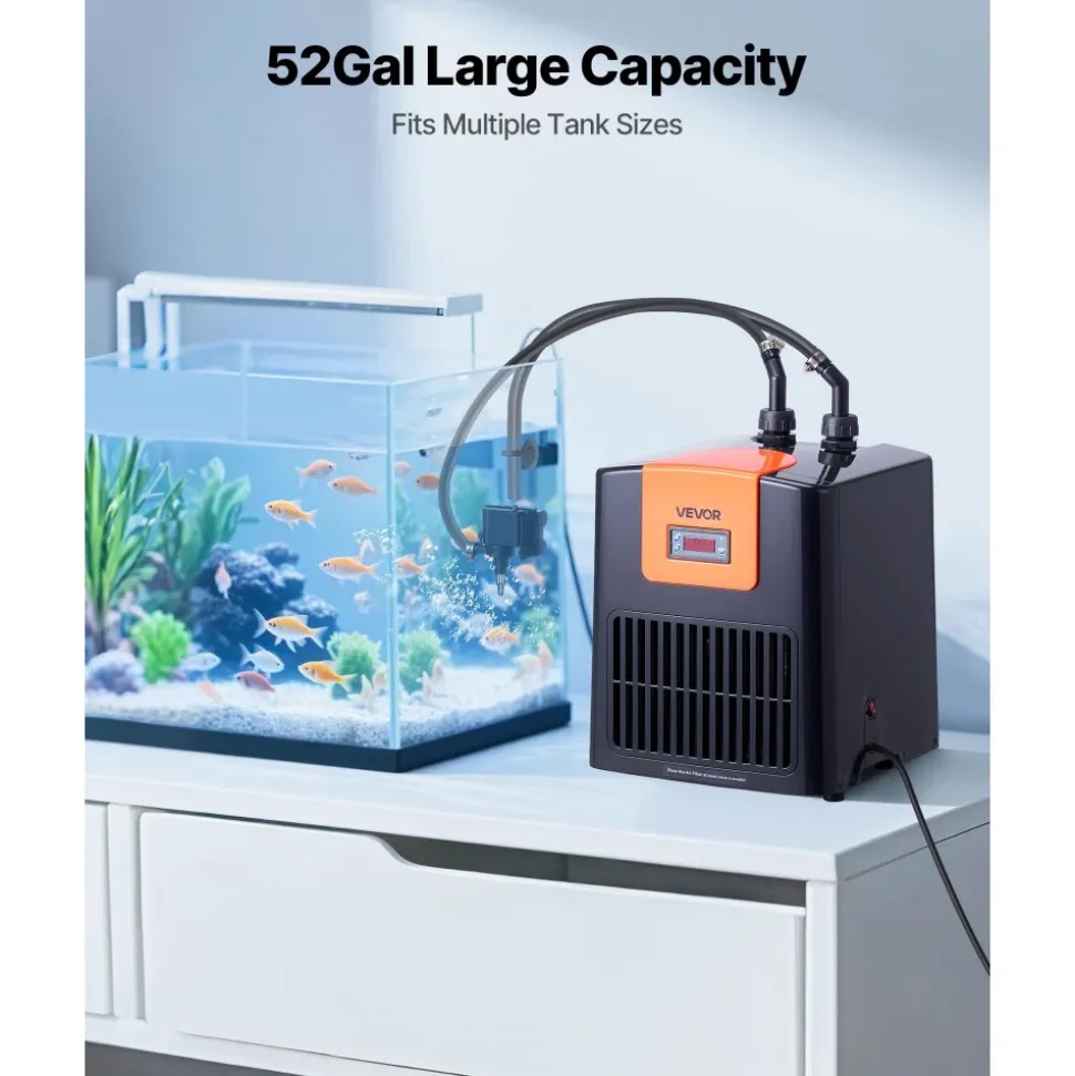 VEVOR Aquarium Chiller 52 Gallon, 1/10 HP Water Chiller for Hydroponics, Fast Cooling for Fish Tank, Axolotl, Coral Reef, Quiet Refrigeration Compressor, Titanium Evaporator, Complete Fittings
