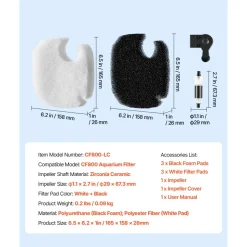 VEVOR Aquarium Filter Media Pads, 6 PCS Replacement with Impeller for CF800, Canister Floss Replacement for Fish Tank, Zirconia Impeller Shaft, 3 Black Polyurethane Foam & 3 White Polyester Fiber Pads