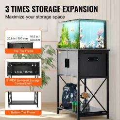 VEVOR Aquarium Stand, 20 Gallon Fish Tank Stand, 25.6 x 16.5 x 31.9 in Steel and MDF Turtle Tank Stand, 167.6 lbs Load Capacity, Reptile Tank Stand with Storage Cabinet and Embedded Power Panel, Black
