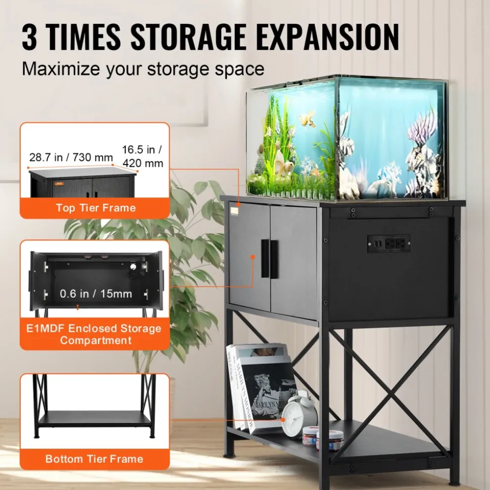 VEVOR Aquarium Stand, 29 Gallon Fish Tank Stand, 28.7 x 16.5 x 30 in Steel and MDF Turtle Tank Stand, 242.5 lbs Load Capacity, Reptile Tank Stand with Storage Cabinet and Embedded Power Panel, Black