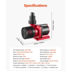 VEVOR Aquarium 24V DC Water Pump, 30W, 800 GPH Marine Wavemaker Return Pump with Controller, Adjustable Flow, Feed Mode, 11.5 ft Maximum Lift, for Saltwater Freshwater Fish Tank Sump Pond Circulation