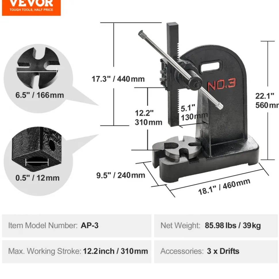 VEVOR Arbor Press, 3 Ton Manual Arbor Press, 12.2" Maximum Height, Cast Iron Heavy-duty Manual Desktop Arbor Press, Precision Hand Press for Stamping, Bending, Stretching, Forming