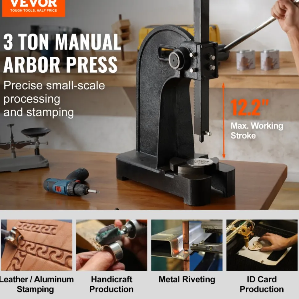 VEVOR Arbor Press, 3 Ton Manual Arbor Press, 12.2" Maximum Height, Cast Iron Heavy-duty Manual Desktop Arbor Press, Precision Hand Press for Stamping, Bending, Stretching, Forming
