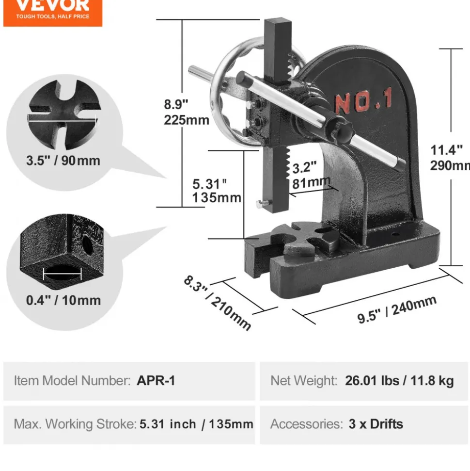 VEVOR Arbor Press, 1 Ton Manual Arbor Press with Handwheel, 5.9" Maximum Height, Cast Iron Heavy-duty Manual Desktop Arbor Press, Precision Hand Press for Stamping, Bending, Stretching, Forming
