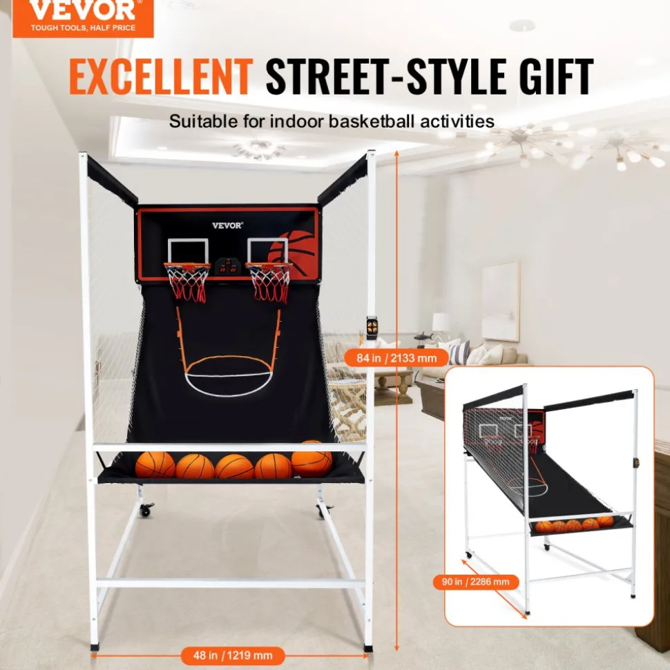 VEVOR Arcade Cage Basketball Game, 2 Player Indoor Basketball Game, Home Dual Shot Sport with 5 Balls, 8 Game Modes, Electronic Scoreboard, and Inflation Pump, for Kids, Adults (Black & White)