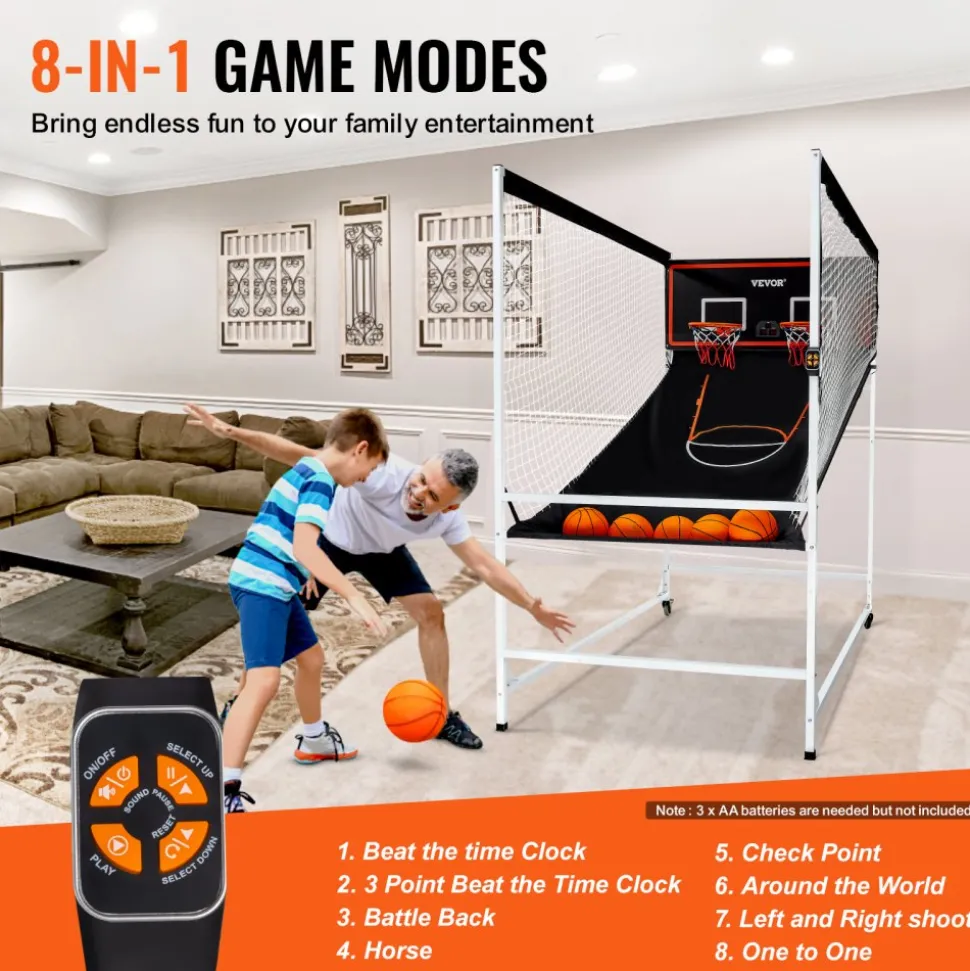 VEVOR Arcade Cage Basketball Game, 2 Player Indoor Basketball Game, Home Dual Shot Sport with 5 Balls, 8 Game Modes, Electronic Scoreboard, and Inflation Pump, for Kids, Adults (Black & White)