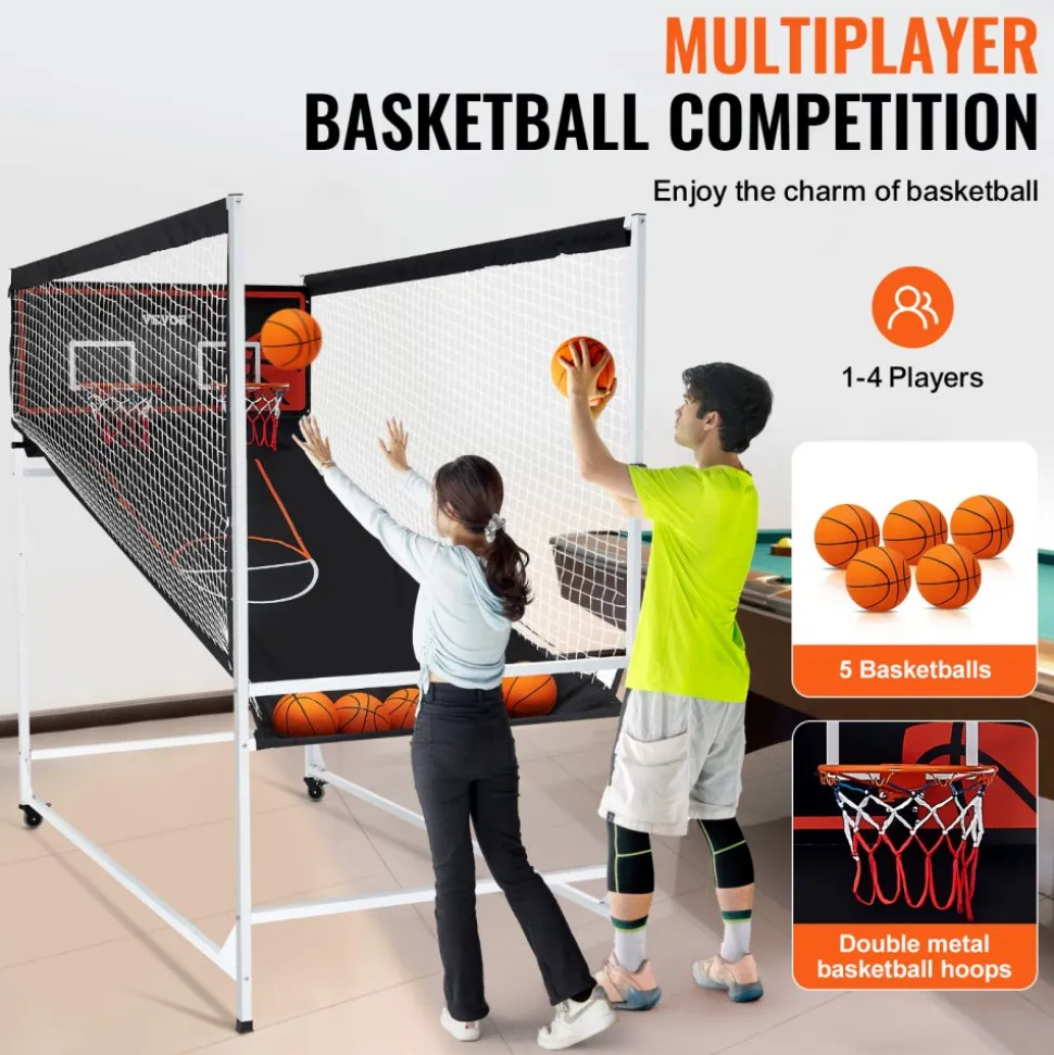 VEVOR Arcade Cage Basketball Game, 2 Player Indoor Basketball Game, Home Dual Shot Sport with 5 Balls, 8 Game Modes, Electronic Scoreboard, and Inflation Pump, for Kids, Adults (Black & White)
