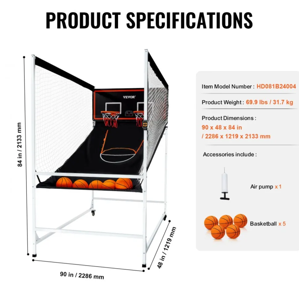 VEVOR Arcade Cage Basketball Game, 2 Player Indoor Basketball Game, Home Dual Shot Sport with 5 Balls, 8 Game Modes, Electronic Scoreboard, and Inflation Pump, for Kids, Adults (Black & White)