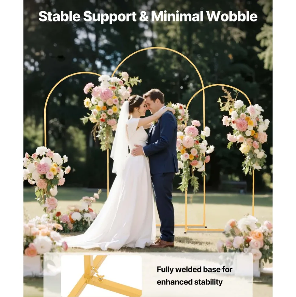 VEVOR Arch Backdrop Stand, Set of 3, 7.2/6.6/6 ft, Stable Structure, Easy Assembly, Gold Metal Arch Backdrop Stand for Wedding, Birthday Party, Graduation, Holiday Celebration, and Ceremony Decoration