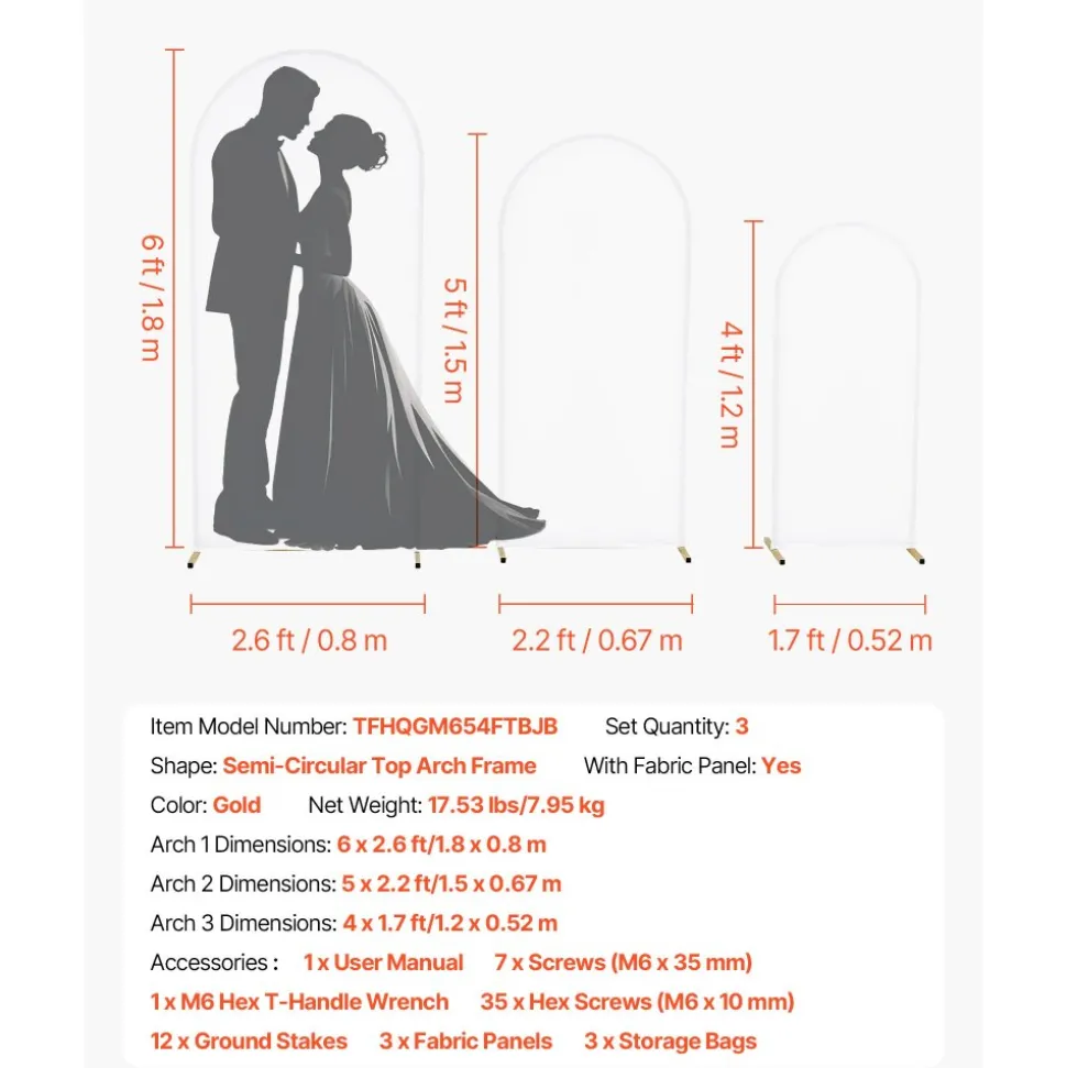 VEVOR Arch Backdrop Stand, Set of 3, 6/5/4 ft, Stable Structure, Easy Assembly, Gold Metal Arch Backdrop Stand with Cover, for Wedding, Birthday Party, Graduation, Celebration, and Ceremony Decoration