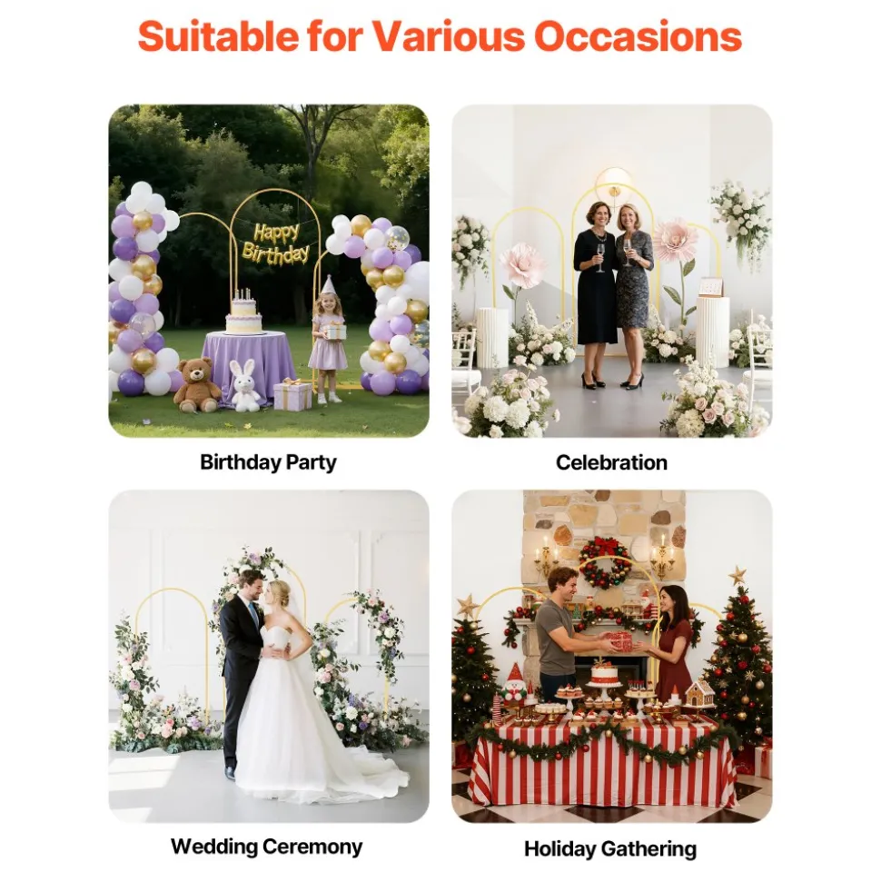 VEVOR Arch Backdrop Stand, Set of 3, 6/5/4 ft, Stable Structure, Easy Assembly, Gold Metal Arch Backdrop Stand for Wedding, Birthday Party, Graduation, Holiday Celebration, and Ceremony Decoration