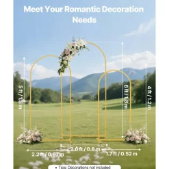 VEVOR Arch Backdrop Stand, Set of 3, 6/5/4 ft, Stable Structure, Easy Assembly, Gold Metal Arch Backdrop Stand for Wedding, Birthday Party, Graduation, Holiday Celebration, and Ceremony Decoration