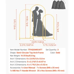 VEVOR Arch Backdrop Stand, Set of 3, 6/5/4 ft, Stable Structure, Easy Assembly, Gold Metal Arch Backdrop Stand for Wedding, Birthday Party, Graduation, Holiday Celebration, and Ceremony Decoration