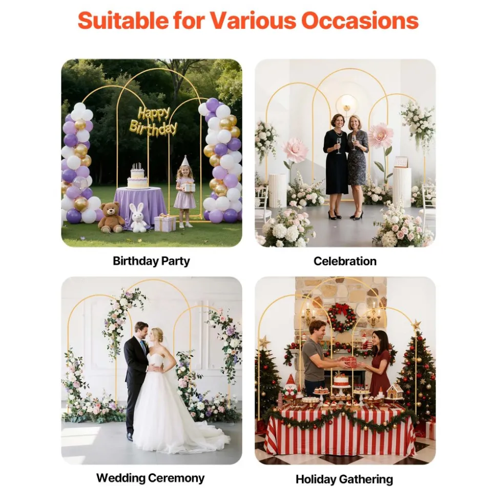 VEVOR Arch Backdrop Stand, Set of 3, 8/7.2/6.6 ft, Stable Structure, Easy Assembly, Gold Metal Arch Backdrop Stand for Wedding, Birthday Party, Graduation, Holiday Celebration, and Ceremony Decoration
