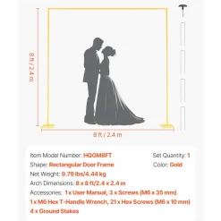 VEVOR Arch Backdrop Stand, 8 x 8 ft, Stable Structure, Easy Assembly, Square Gold Metal Arch Backdrop Stand for Wedding, Birthday Party, Graduation, Holiday Celebration, and Ceremony Decoration