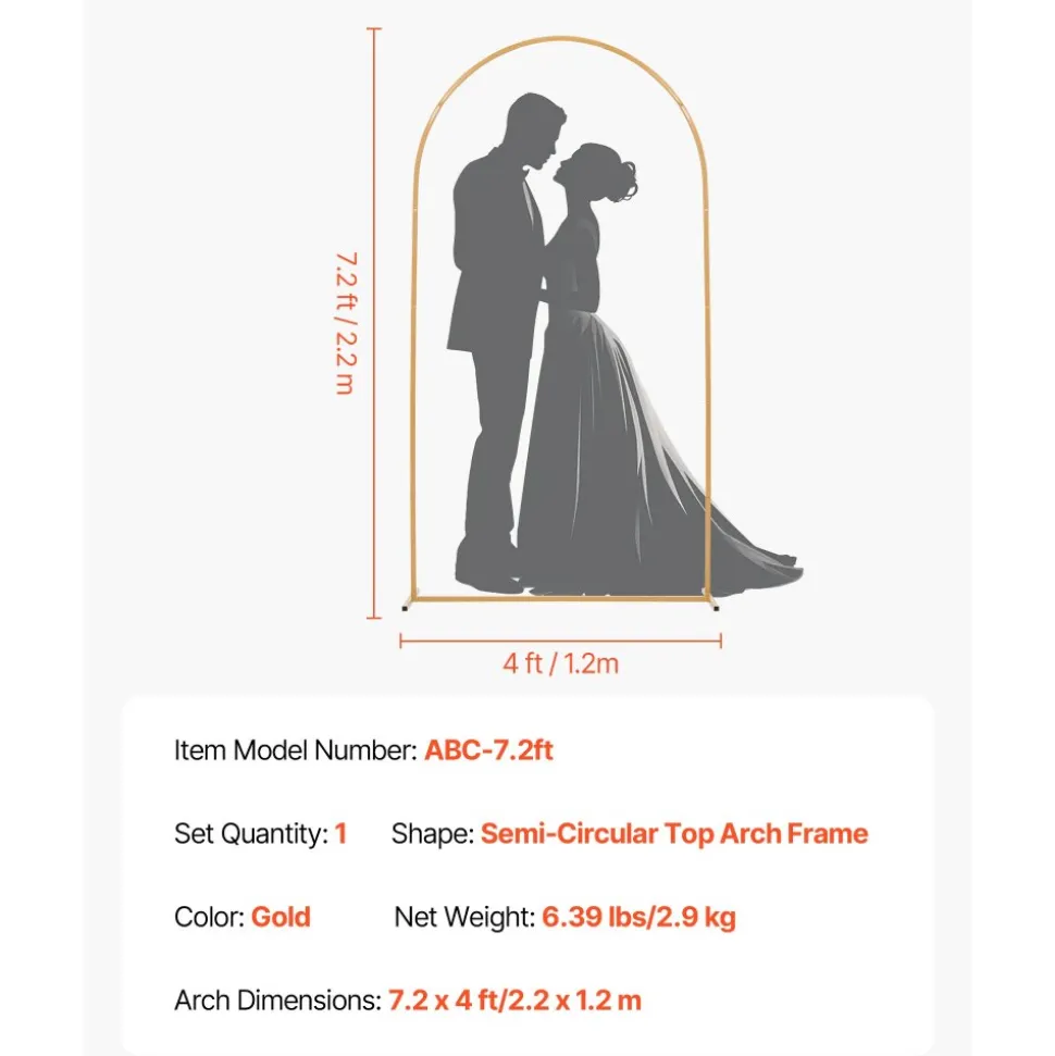 VEVOR Arch Backdrop Stand, 7.2 x 4 ft, Stable Structure, Easy Assembly, 1 Piece Gold Metal Arch Backdrop Stand for Wedding, Birthday Party, Graduation, Holiday Celebration, and Ceremony Decoration