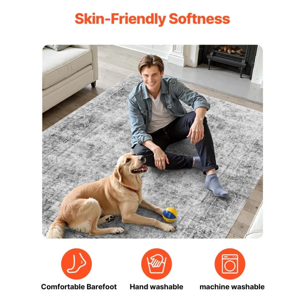 VEVOR Area Rug, 9 x 12 ft Large Washable Boho Rug, Non-Slip and Tear-Resistant Soft Carpet, Pet & Child Friendly Bohemian Area Rugs, Indoor Mat for Bedroom, Living Room, Kids Room, Office, Gray